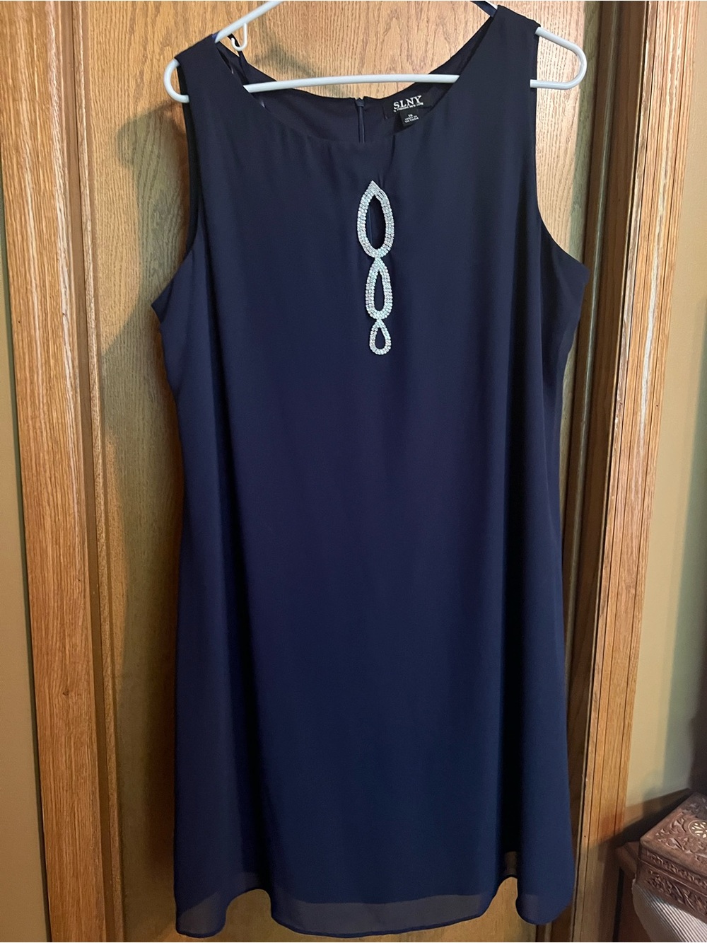 SLNY Navy Sleeveless Shift Dress with Crystal Teardrop Detail